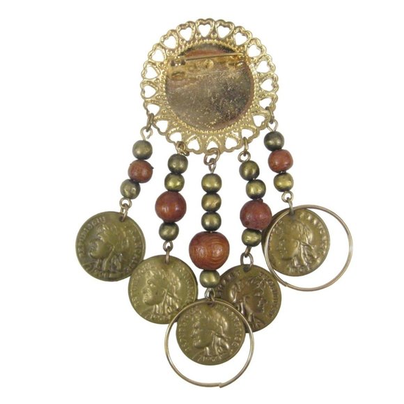 Faux Coin Republique Francaise Brooch 3.8 in Pin Goldtone Dangle Vintage FLAW - Picture 6 of 8